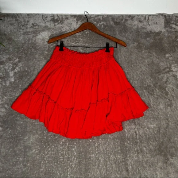Free People Hooked On You Red Orange Ruffle Elastic Skirt Size Small - Picture 2 of 7